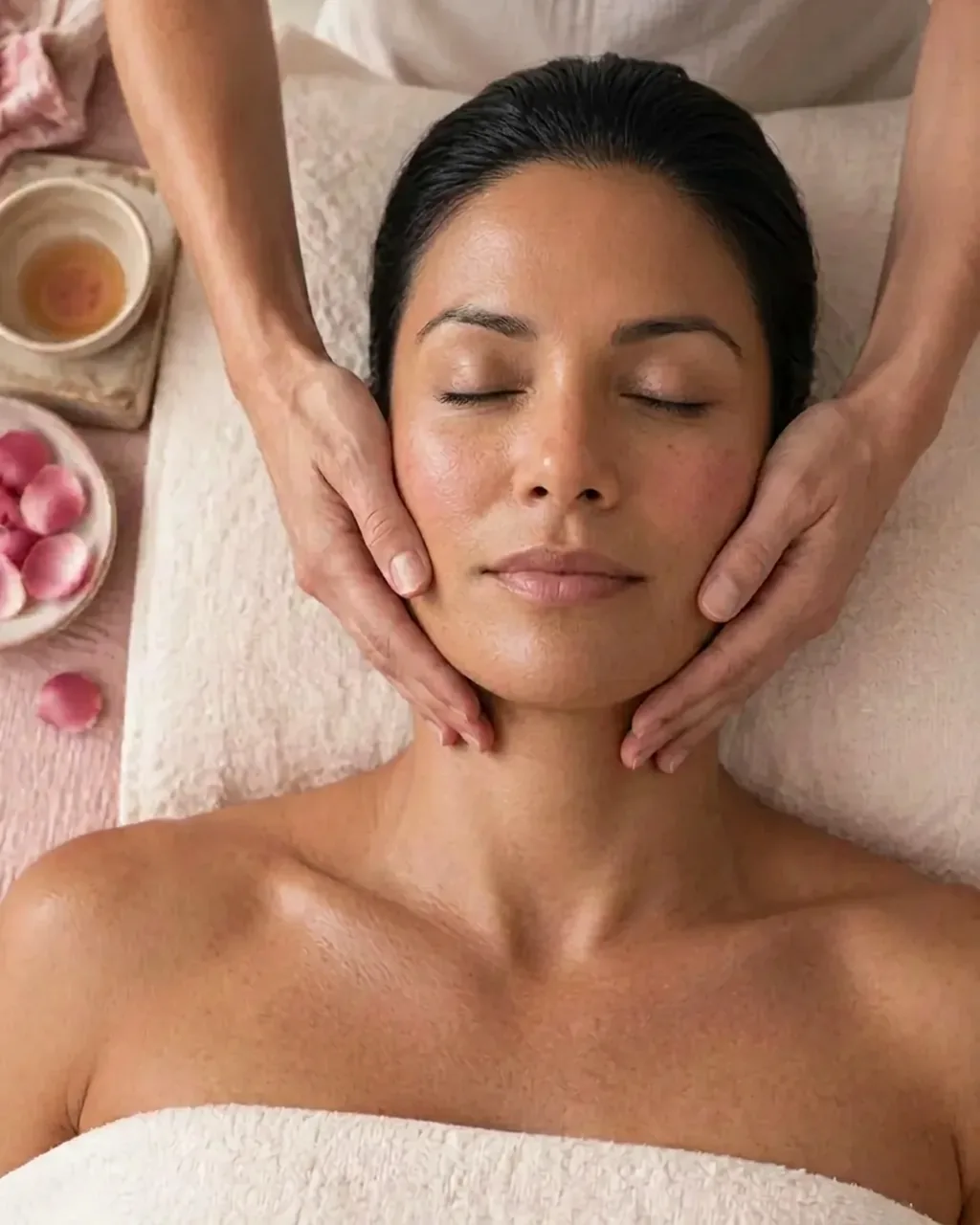 Overhead view of a young Latina woman receiving a gentle jawline facial massage on ivory linens, with glowing skin and natural texture