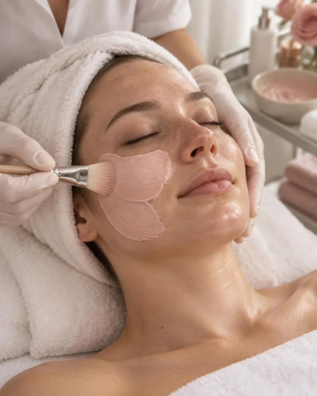 Esthetician's gloved hands brushing a pink cream mask onto a relaxed client's freckled cheek