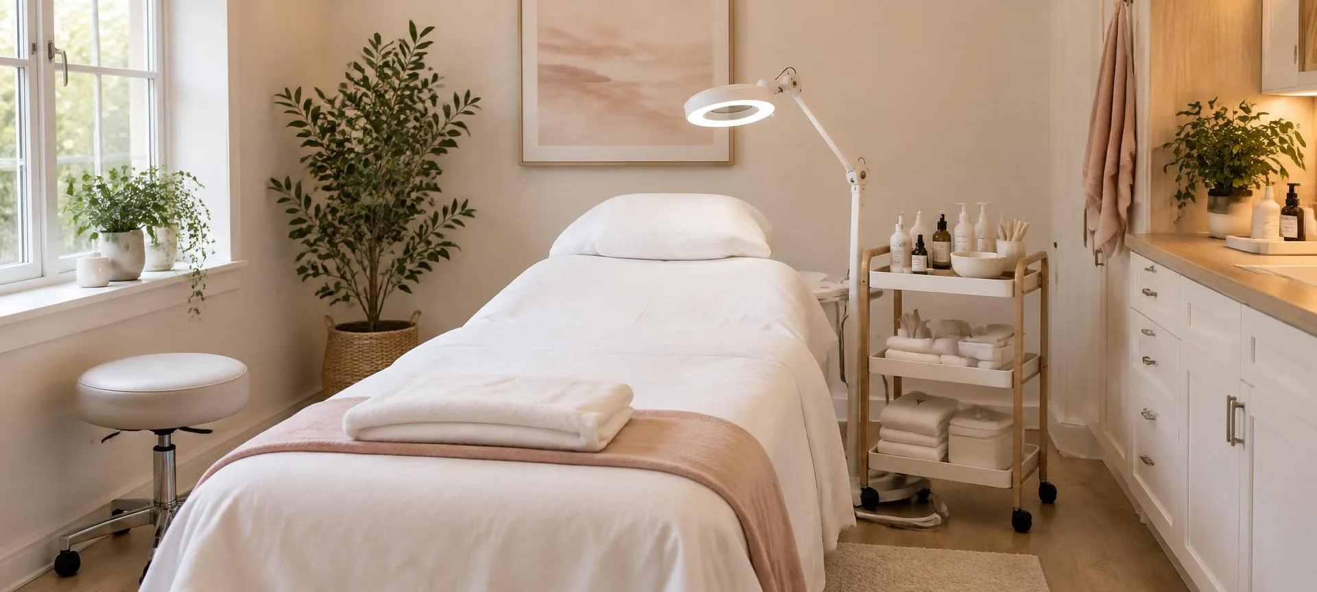 Sunlit skin care treatment room with a white-linen facial bed, folded towel, magnifying lamp, serum trolley and leafy plants